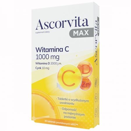 Ascorvita Max, witamina C 1000mg, witamina D, cynk, 30 tabletek